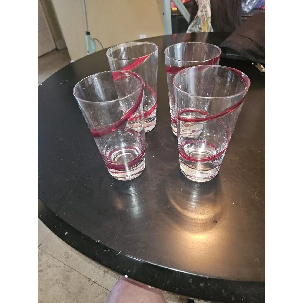 Pier 1 Red Swirline Highball Tall Pint Glasses Tumblers (4)